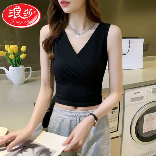 LangSha Modal Cotton V-neck Camisole Women's Autumn and Winter Short Navel Exposed Outerwear Slim Bottoming Sleeveless Top Women Black XL Recommended 120-140Jin Jin equals 0.5kg