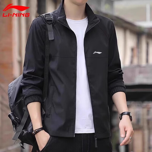 Li Ning Sports Jacket Men's Spring and Autumn New Windproof Casual Cardigan Windbreaker Jacket Loose Large Size Running Charge Top Black Stand Collar Sports Jacket L/175 (130-145Jin Jin is equal to 0.5 kg)