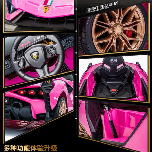 Xiaogazi upgraded foam soft tire, children's electric car, four-wheel car, can sit on a person, remote control car, boy toy stroller, luxury four-wheel drive, large battery, pink + leather seat + soft tire