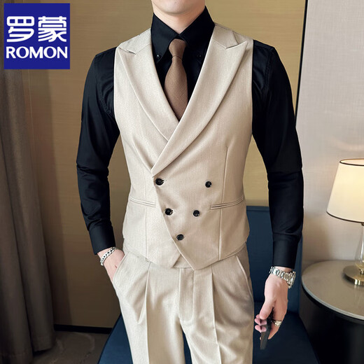 ROMON suit men's suit double-breasted host casual white dress trendy lapel business slim suit three-piece suit white single-piece suit 2XL