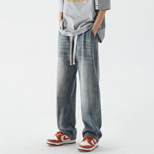 FOG SKY jeans men's summer trendy high street straight-leg pants men's American retro loose wide-leg casual pants SS-506 black gray 2XL (recommended 150-170Jin [Jin equals 0.5 kg])