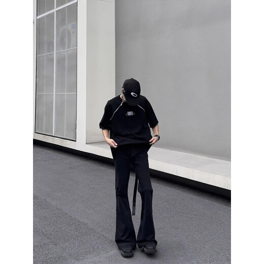 POUM微喇牛仔裤男士春秋夏季新款美式高街痞帅简约设计感显瘦长裤子 TYFS-Y9207黑色 XL