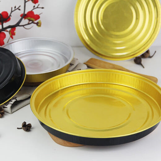 Hölzerne disi pizza verfügbar zum Mitnehmen Packbox 679-Zoll hohe temperaturresistent flacher Scheibe verdickte, nicht schicke Easy-Dekompression Zinnfolie Backpfanne Schwarz und Gold 165/430 ml (6 Zoll) 10 Teile ohne Abdeckung