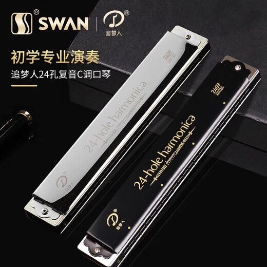 天鹅（SWAN）追梦人24孔口琴T2409高级成人专业演奏乐器复音重音C调A/B/E/D#调 C调银色复音【初学推荐】
