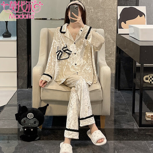 Modal 2025 New Gold Velvet Pyjamas für Frauen im Herbst und Winter, langärmelter koreanischer High-End-Aprikosen-Herbst- und Winter-Heimbekleidungsset CM-728#Champagner Panda (doppelte Länge) xl