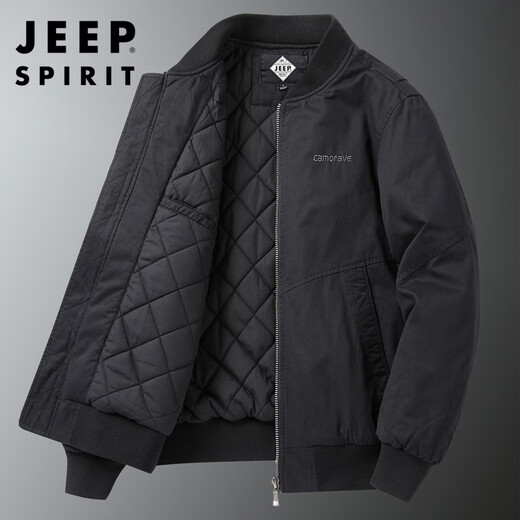 JEEP SPIRIT Jeep flagship thick bomber jacket men's autumn and winter outdoor leisure pure cotton washed cotton and thickened cotton jacket black (cotton and thickened) XL /135-150Jin Jin equals 0.5 kg