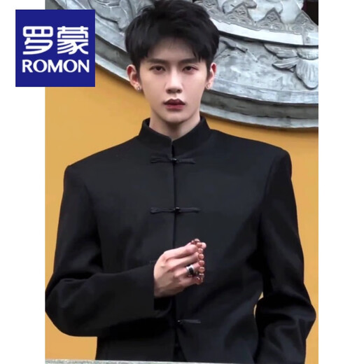Luo Meng New Chinese Men's Suit Men's High-end Spring and Autumn Stand-up Collar Shoulder Pad Jacket Mao Suit Tang Suit Casual Wear Suit Black Mao Suit S