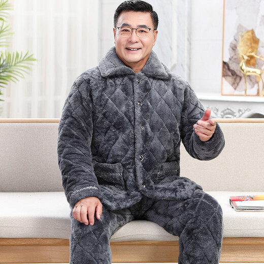 轩朵淇睡衣男冬季加厚加绒珊瑚绒三层夹棉法兰绒爸爸中老年人家居服套装 C9913#黑灰色男【长毛绒】 L(100-120斤)三层加厚