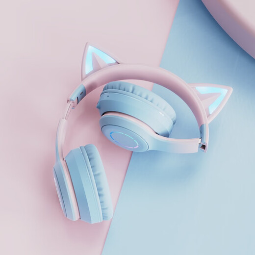Yijiatong wireless Bluetooth/wired connection headphones Comfortable wear Noise-cancelling high-definition sound quality Cute and flexible Portable and carry-on Cute cat ears BT029C blue