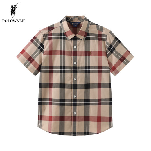 POLOWALK store same style children's clothing 2024 new summer boys' short-sleeved shirt plaid lapel top khaki 120 cm