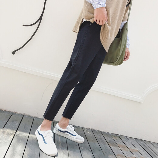 Spring and Autumn LES Handsome T Trendy Stretch Jeans Men's Slim Fit Versatile Youth Korean Style Washed Small Foot Nine-Point Pants Black S