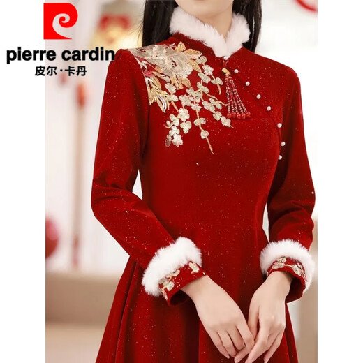Pierre Cardin official toast dress bride 2026 new red wedding long-sleeved shawl velvet dress skirt for women spring, autumn and winter with shawl F30 S