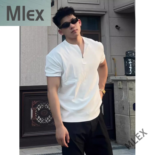 
MLEX black half zipper shoulder pad. T-shirt men's summer cuffs short sleeves showing muscles and fitness half sleeves Henry shirt black XL
