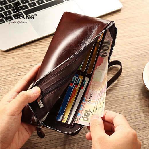 Geburtstagsgeschenk für Freund Ehemann Manbang Herren Lange Brieftasche echtes Leder-Reißverschluss Leder Handtasche Herren japanische und koreanische ultra-dünne weiche Leder Brieftasche Trendy Mobiltelefon Brieftasche MBQ19311Af Plain Coffee Farbe