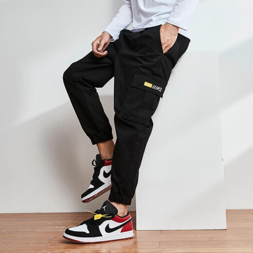 INTERIGHT[Two pieces] Casual pants men's sports pants men's small-foot nine-point pants trendy loose trousers men's ankle overalls men's casual men's wear 1936 black + military green M