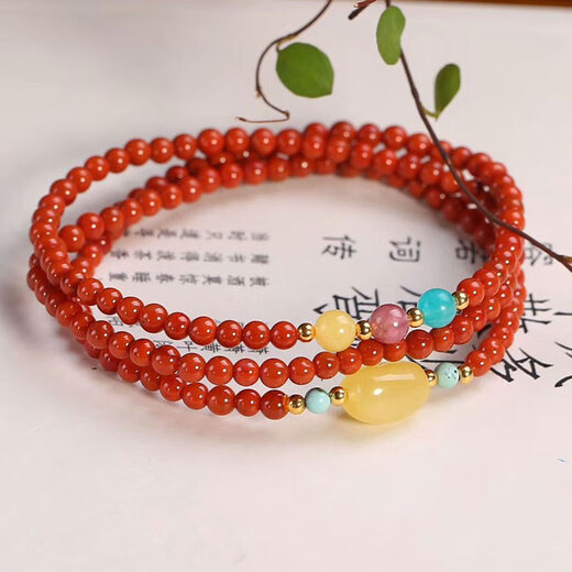 BOSFRU South Red Agate Three Circle Bracelet Authentic Beeswax Bead Bracelet Simple Women's Birthday Gift Temperament High-End Jewelry South Red Agate Bracelet 6mm