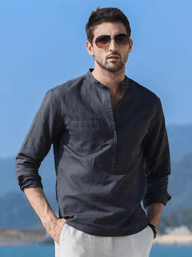 Kuraishi Kazuki light luxury trendy brand high-end cotton and linen Henry collar shirt men's long-sleeved T-shirt 2025 spring and autumn new stand-up collar dark gray dark gray M