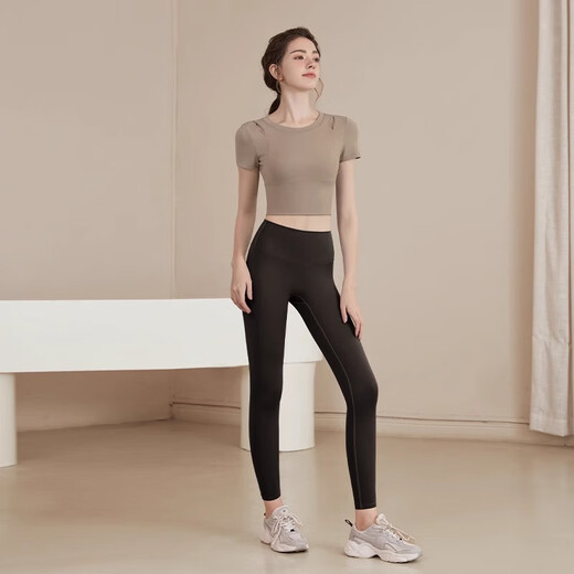 LULUUVTTOH Yoga Wear Short Sleeve Suit Women's Summer Running Sports Top Women's Fixed Cup Outer Wear Slimming Pilates Fitness Wear Gray Brown Pants L