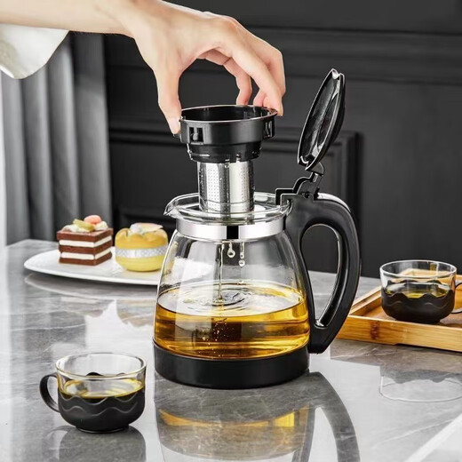 Glass teapot large capacity household teapot heat-resistant tea set kettle tea water separation flower tea filter tea brewing 2000ml black
