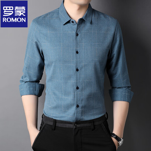 罗蒙（ROMON）长袖衬衫男士2025秋冬季新款免烫格子衬衣加绒加厚保暖中年爸爸 H2281灰色  加绒 XL 175 建议135-150斤