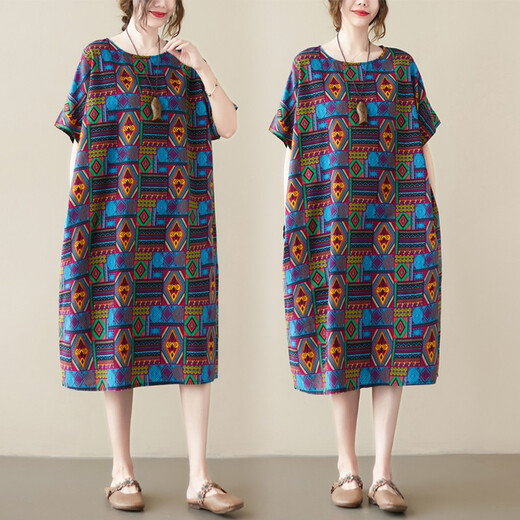 Jiandang summer large-size women's loose slim dress literary and fashionable retro short-sleeved meat-covering mid-length skirt XR686 683 geometry One-size [130-185Jin[Jin equals 0.5 kg]]