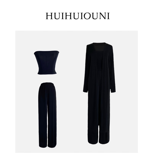 Huihui Ouni Spring Brew Designer Autumn Temperament Tube Top Long Three-piece Set Black Tube Top and Pants One Size