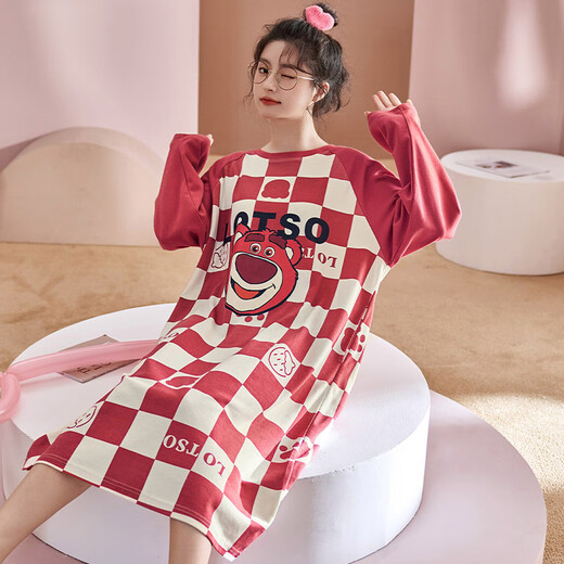 Langsha (langsha) 2025 new long-sleeved plaid nightgown spring and autumn pure cotton thin cotton mid-length skirt pregnant women pajamas for women autumn and winter YW-16863 M