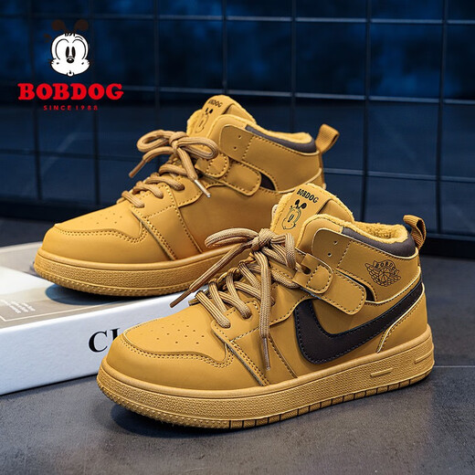 巴布豆（BOBDOG）童鞋男童板鞋秋冬季加绒中大童保暖二棉鞋韩版儿童运动鞋女旅游鞋 BBD-TS6227土黄【加绒】 28码