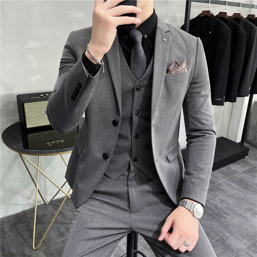 AYOUPANG large size suit suit male groom groomsman wedding dress business commuting workwear professional interview slim suit black single suit L 120-130Jin Jin is equal to 0.5 kg