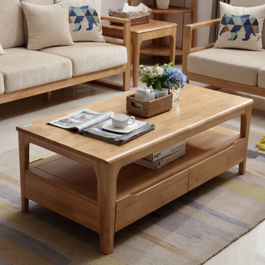 Nordic all solid wood coffee table living room small apartment simple modern home rectangular log tea table with drawers four-drawn walnut coffee table 120*60*45cm self-installation