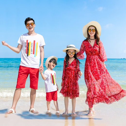 Yuehaiyuebei parent-child clothing for a family of three, beach vacation, mother-daughter clothing, red dress, long skirt, Sanya travel family of four, burgundy, women's XL