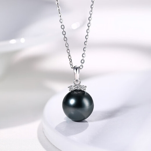 Muqin Tahitian black pearl pendant 18K gold diamond necklace light luxury jewelry necklace clavicle chain gift for girlfriend 12-13mm perfect round/strong light with thick 18K gold cross chain