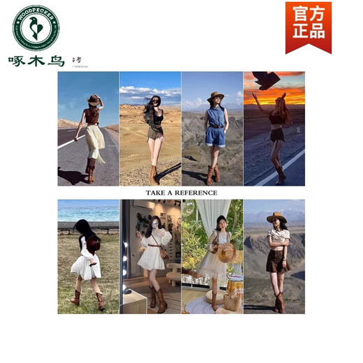 啄木鸟西部牛仔靴女复古骑士靴子春春秋薄款民族风长筒靴马丁靴 棕色 35