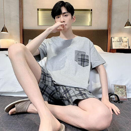 Manzhizhuang Pyjamas Herren Sommer Pure Cotton Shorts Shorts für Teenager Lose Heimkleidung für den Sommer-Dünnstil können am äußeren Anzug mittleren Alters HD9928 L getragen werden (empfohlen 100-125 Jin [Jin gleich 0,5 kg]))
