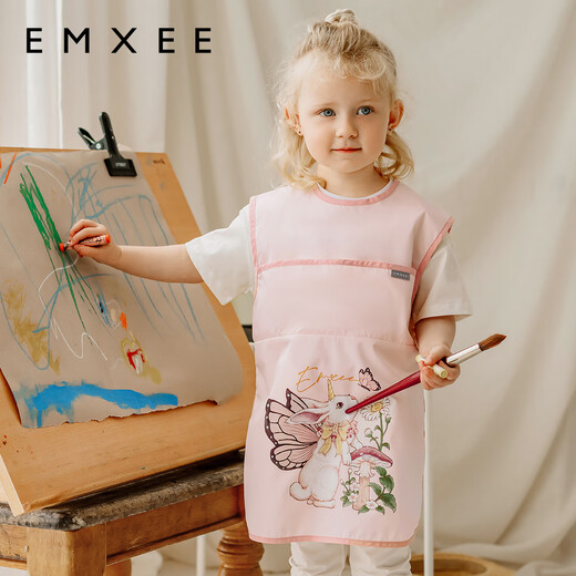 EMXEE children's painting smock, anti-dirty and waterproof apron, kindergarten art painting protective clothing, baby eating bib, green, short-sleeved, 120 cm