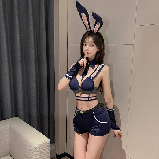 霏慕午夜兔女巡查官免脱拉链开裆兔女郎套装角色扮演性感情趣内衣兔耳吊带上衣文胸包臀短裤3879 【发箍+假领+领带+文胸+拉链开裆短裤+长手套】 均码（建议80-120斤）