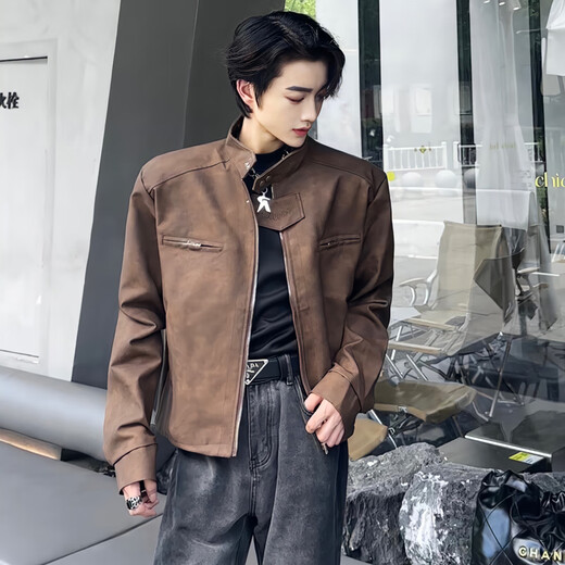 Poum American Retro Motorradanzug Leder Jacke Männer Frühling Mode hübsche Jacke Lose Casual Modemarkjacke Männer Qyrj-G141 Brown XL