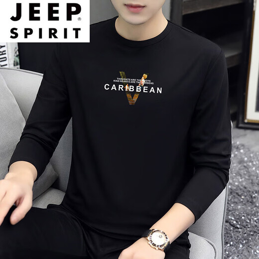 Jeep Spirit Jeep High-end 2025 Spring и осенняя футболка с длинным рукавом мужская тонкая модель модальная хлопковая одежда осенняя одежда Черная модная принципиальная рубашка с принтом белая (15123) M (подходит для 95-115Jin [Jin равна 0,5 кг])