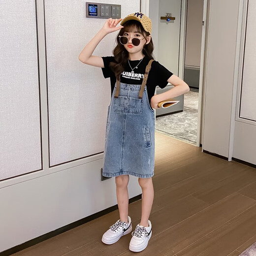 小咕嘟熊童装女童夏装牛仔背带裤裙套装短袖T恤儿童套装两件套女孩连衣裙 黑色 160