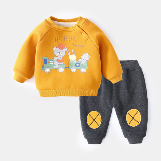 Yiqi Baby Baby Sweater Set Autumn and Winter Boys and Infants Clothes Winter Fashionable Baby Girl Winter Clothes Plus Velvet Thickened Two-piece Set Yellow 80cm
