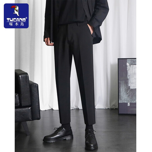 Woodpecker Small Suit Pants Men's Autumn and Winter Semi-Business Suit Pants No-iron Slim Drape Straight Plus Velvet Casual Nine-Point Long Pants Black Nine-Point Pants XL (32) Recommended 120-140 Jin Jin equals 0.5 kg