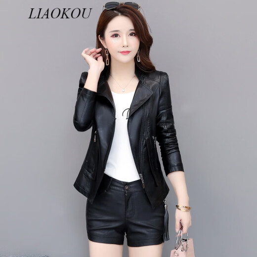 LIAOKOU light luxury Hong Kong style brand fashion casual short leather jacket for women 2021 autumn new Korean version slim slim small coat versatile temperament jacket trendy black XL110-120Jin [Jin equals 0.5 kg]