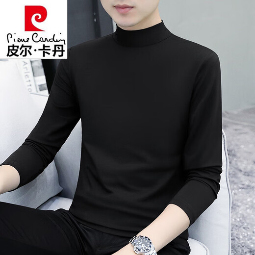 Pierre Cardin pure cotton spring and autumn half turtleneck bottoming shirt men's slim fit inner long-sleeved T-shirt mid-collar men's autumn coat outer wear YPT192 black half turtleneck 2XL recommended 145-160Jin Jin equals 0.5 kg