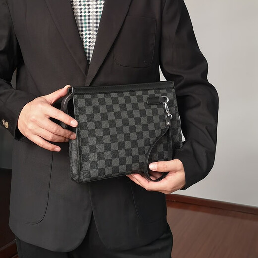 棋盘格手拿包软皮格子手拿包2023新款男士夹包手抓包品牌潮包钱包 黑色