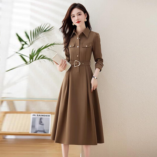 Chu Xin's high-end long-sleeved shirt dress for women 2025 spring and autumn new women's waist slimming temperament knee-length skirt Khaki XL recommended 115-125 Jin Jin equals 0.5 kg