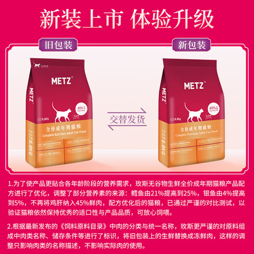 Metz Cat Food Grain-Free Fresh Meat Adult Cat Food Full Price Adult Cat Food 15LB/6.8kg
