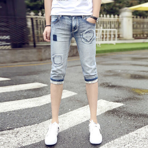 Shuosui men's jeans men's cropped pants summer thin slim youth mid-trousers 7-point pants summer slim shorts 749 blue 34 size waist 2 feet 7