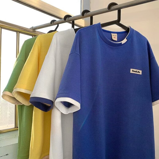 
Ronghu waffle short-sleeved T-shirt design mint mambo summer green loose top round neck summer couple top 1048 white 2XL