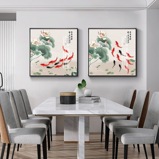小泸林中式九鱼图装饰画餐厅画书房办公室茶室挂画入户玄关柜客厅壁画 15910 年年有余 烤瓷镶钻100*100黑框