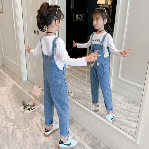 Trendy siblings children's clothing girls' suits autumn clothes 2021 autumn new Korean style children's suits casual fashion T-shirt overalls little girl's stylish two-piece suit 3-15 years old blue 160 size (recommended height is about 1.5 meters)